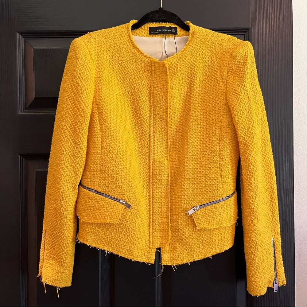 ZARA woman Yellow Tweed Blazer Jacket, Sz L, NWOT